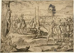 Maerten Heemskirck Prints: Shooting at Father's Corpse, 1584. Creator: Maerten van Heemskerck