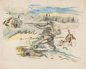 Hunting Rifle Prints: Shooting hunter, around 1940. Creator: Arnold Peter Weisz-Kubincan
