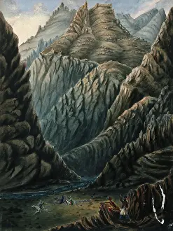 Shooting skirmish below mountains, Afghanistan. Creator: Unknown