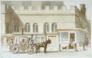 Shop fronts by St Dunstan-in-the-West, Fleet Street, City of London, 1820. Artist