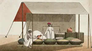 Weighing Prints: A shopkeeping weighing grains for a customer, (between 1800 and 1899?). Creator: Unknown