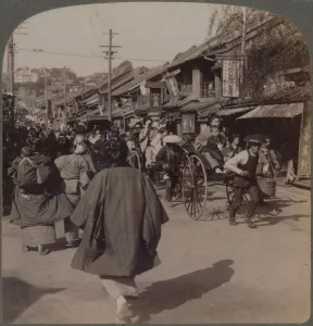 Kanto Prints: Shops and crowds on Batsumati Street, in the native quarter, Yokohama, Japan, 1904