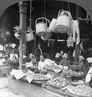 Hanging Up Prints: Shops in a native market, Rangoon, Burma, 1908. Artist: Stereo Travel Co
