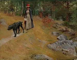 Artists Sister Prints: On the Shore Bank (Annie Edelfelt with a Dog), c1883. Creator: Albert Edelfelt