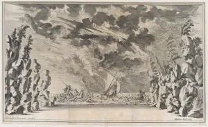 Kusel Mathaus Prints: A shore framed by rocks, with Neptune in his chariot on the left and Salacia in hers on th