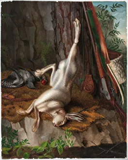 Shot Prints: Shot Hare and Hunting Equipment, 1834. Creator: Wilhelm von Wright