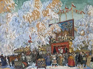 Kustodiev Gallery: Show-booths, 1917. Artist: Kustodiev, Boris Michaylovich (1878-1927)