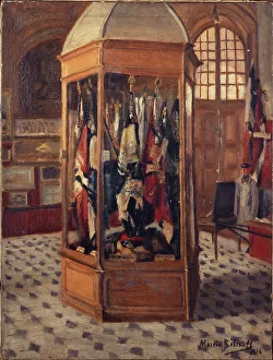 Lhotel Des Invalides Prints: Showcase of flags at the War Museum, Les Invalides, 1916. Creator: Massia Bibikoff