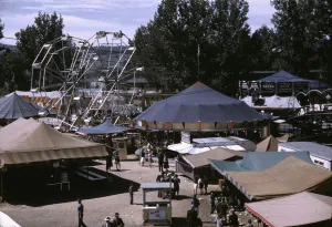 Side shows at the Vermont state fair, Rutland, 1941. Creator: Jack Delano