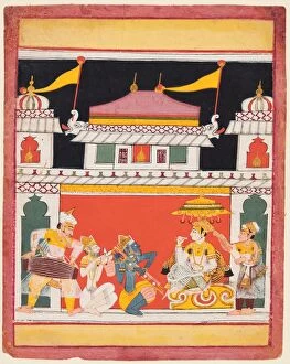 Central India Gallery: Shri Raga, from a Ragamala series; Three musicians perform before a noble, c. 1650