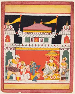 Color On Paper Prints: Shri Raga, from a Ragamala series; Three musicians perform before a noble, c. 1650