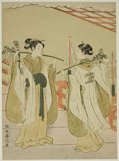 Shrine Maidens Onami and Ohatsu Dancing at Yushima Tenjin Shrine, c. 1769