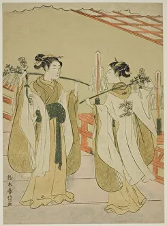 Shoulder Pole Prints: Shrine Maidens Onami and Ohatsu Dancing at Yushima Tenjin Shrine, c. 1769