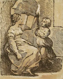 Sibyl Reading, Lighted by Child with a Torch, between circa 1520 and circa 1527. Creator: Ugo da Carpi