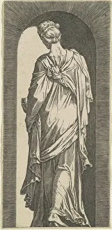 Prophetess Prints: Sibyl Seen from the Back, Looking Downward to the Left, c. 1550. Creator: Lambert Suavius