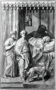 A sick, dying or dead woman lying on a bed in the presence of three figures, c1700. Creator: Gerard Hoet