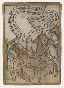 The Sick Lion Summons the Animals to His Bedside, from the Sick Lion blockbook, 2nd ed The Sick Lion Summons the Animals to His Bedside, from the Sick Lion blockbook, 2nd ed