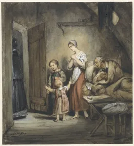 Sick man in bed with a woman and two children next to him, 1805-1858. Creator: Ary Scheffer
