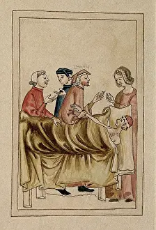 Taking Pulse Prints: A sick man lies in bed while a physician takes his pulse and others consult