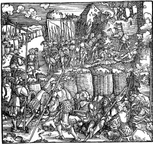 Siege of a fortress. Illustration from the book Phisicke Against Fortune by Petrarch, 1532