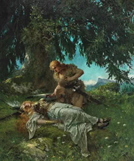 Brunhilde Prints: Siegfried finds the sleeping Brünnhilde, c. 1908. Creator: Leeke, Ferdinand (1859-1937)