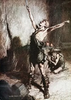 Siegfried forges his sword. Illustration for Siegfried and The Twilight of the Gods by Richard Wag Artist: Rackham
