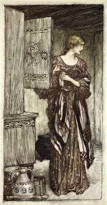 The Valkyrie Prints: Sieglinde prepares Hundings draught for the night, 1910. Artist: Arthur Rackham
