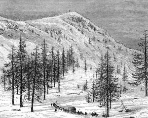The Sierra Nevada mountains, USA, 19th century.Artist: Edouard Riou The Sierra Nevada mountains, USA, 19th century.Artist: Edouard Riou