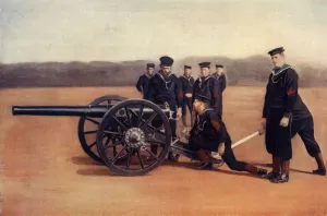 Cannon Prints: Sighting A Naval Field Gun, 1900. Creator: Gregory & Co