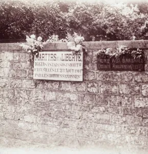 Shot Prints: Sign in memory of civilians who were shot by the Germans, Dinant, Belgium, c1914-c1918