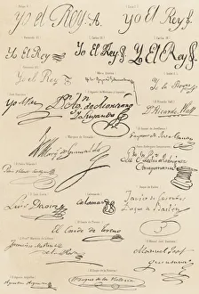 Signatures Prints: Signatures of Kings and famous people of the Spanish court, engraving, 1870