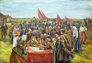 Collective Farm Gallery: The signing the government bonds, Mid of 1930s. Creator: Shestakov, Nikolai Ivanovich (1883-1937)