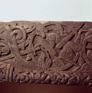 Norse Prints: Sigurd kills the Dragon, Fafnir. Detail of wood panel of Hylestad Church, Norway
