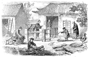 Cottage Industry Prints: Silk Culture in China: preparing raw silk, 1857. Creator: Unknown