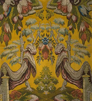 Textile Arts Prints: Silk fabric with silver thread, satin ground with a brocaded pattern