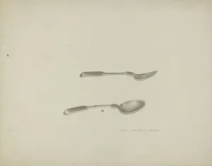 Forks Prints: Silver Baby Spoon and Fork, c. 1939. Creator: Rose Campbell-Gerke