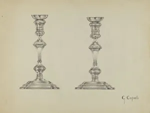 Candlesticks Prints: Silver Candlesticks, c. 1936. Creator: Giacinto Capelli