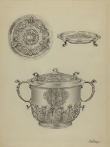 Caudle Cup Prints: Silver Caudle Cup, c. 1936. Creator: Michael Fenga