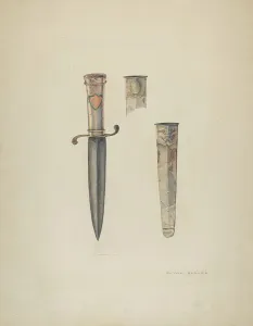Sheath Prints: Silver Dagger and Sheath, c. 1940. Creator: Oscar Bluhme