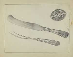 Forks Prints: Silver Knife and Fork, c. 1935. Creator: A. Zimet