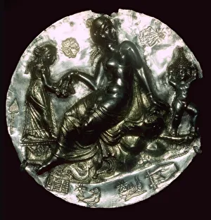 Taranto Prints: Silver relief medallion bearing the image of Aphrodite and Eros