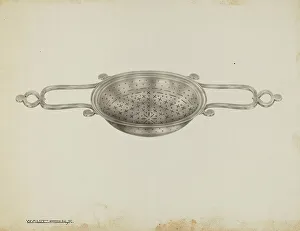 Strainer Prints: Silver Strainer, c. 1939. Creator: Kalamian Walton