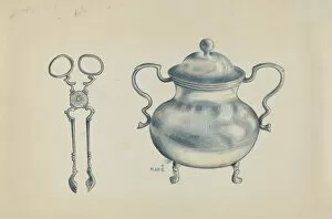 Period Collection: Silver Sugar Bowl and Tongs, c. 1936. Creator: Margaret Stottlemeyer