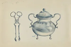 Item Gallery: Silver Sugar Bowl and Tongs, c. 1936. Creator: Margaret Stottlemeyer