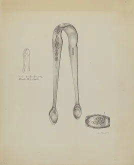Tongs Prints: Silver Sugar Tongs, c. 1937. Creator: Grace Halpin