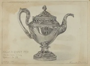 Leaf Design Prints: Silver Teapot, c. 1936. Creator: Vincent Carano