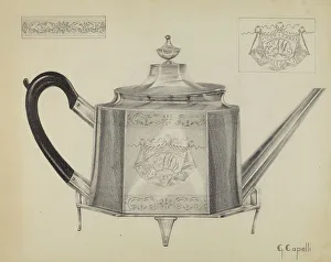 Capelli Giacinto Prints: Silver Teapot with Tray, c. 1936. Creator: Giacinto Capelli