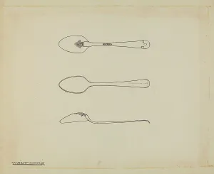 Utensils Prints: Silver Teaspoon, c. 1939. Creator: Kalamian Walton