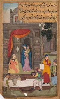 Northern India Prints: Simeon Kneels in Front of Mary and Jesus After Recognizing Them, from a Mirror of Holiness