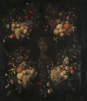 Oranges Prints: Simulated Sculpted Head of a Woman in a Cartouche Decorated with Swags of Fruit